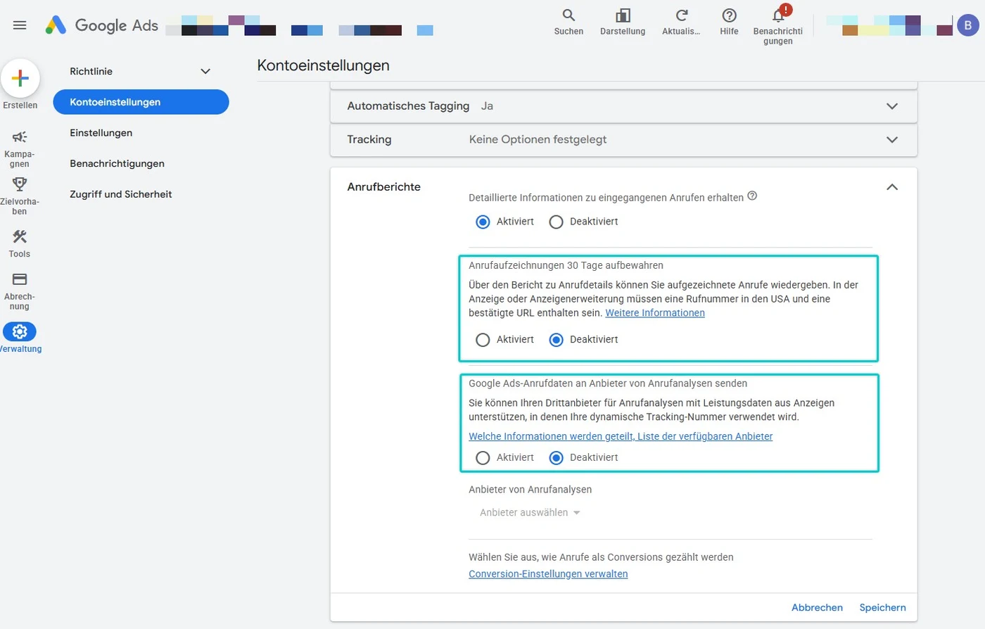 Google Ads Kontoeinstellungen, Block Anrufberichte mit dem Master-Switch und den zwei Sub-Toggles für Aufzeichnung und Drittanbieter-Weitergabe
