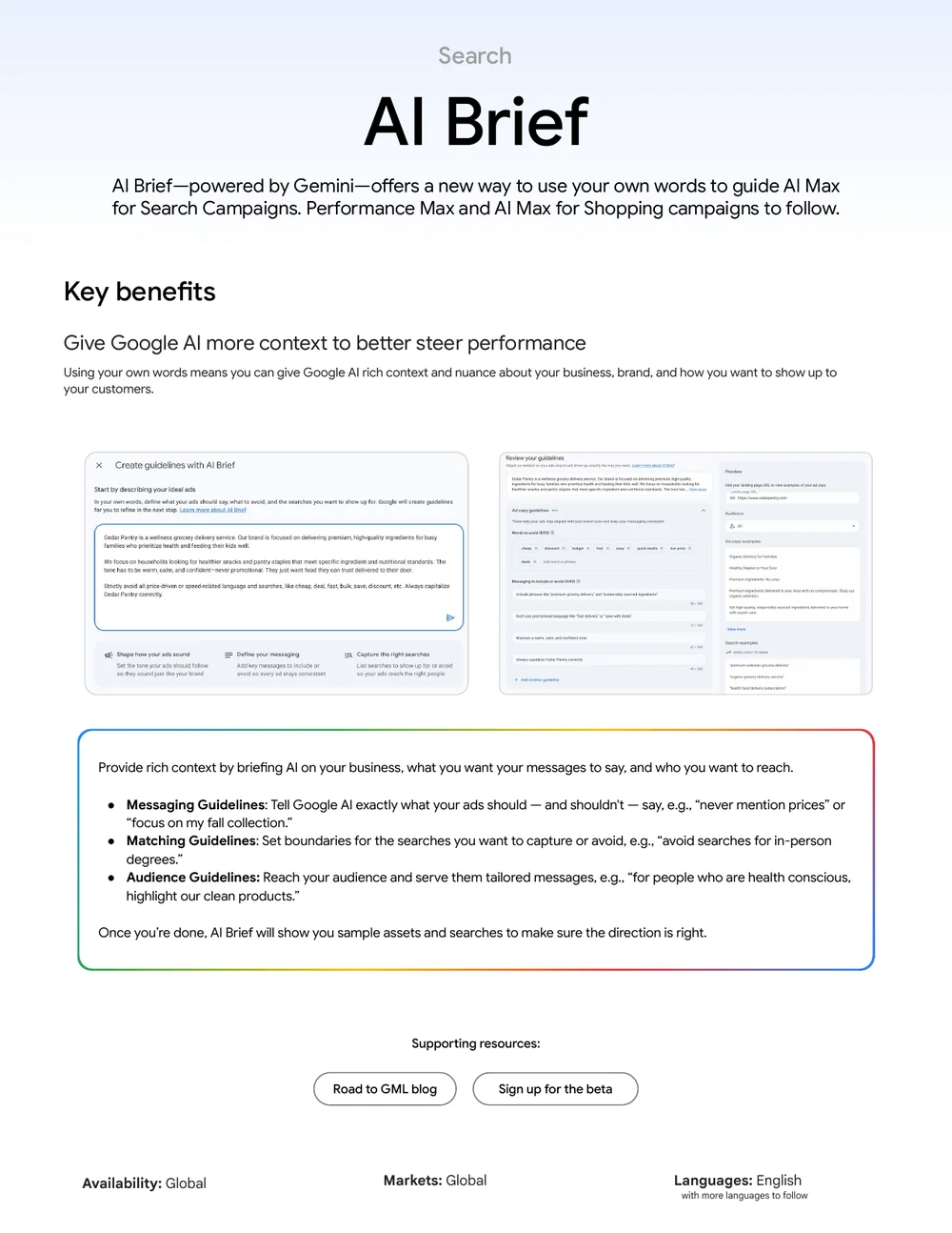 Google Ads AI Brief Eingabemaske mit Beispiel-Guidelines aus dem Google Marketing Live 2026 One-Sheet