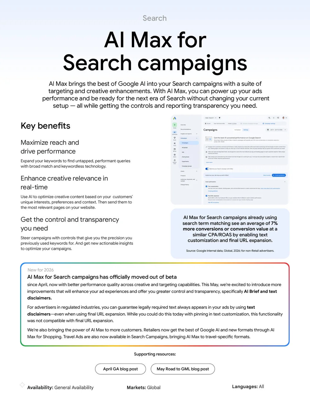 Google Ads AI Max for Search campaigns aus dem Google Marketing Live 2026 One-Sheet