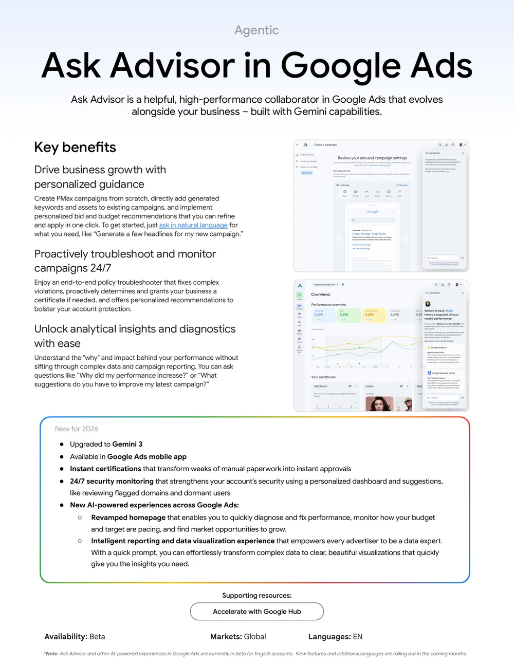 Google Ads Ask Advisor mit Gemini-Capabilities aus dem Google Marketing Live 2026 One-Sheet