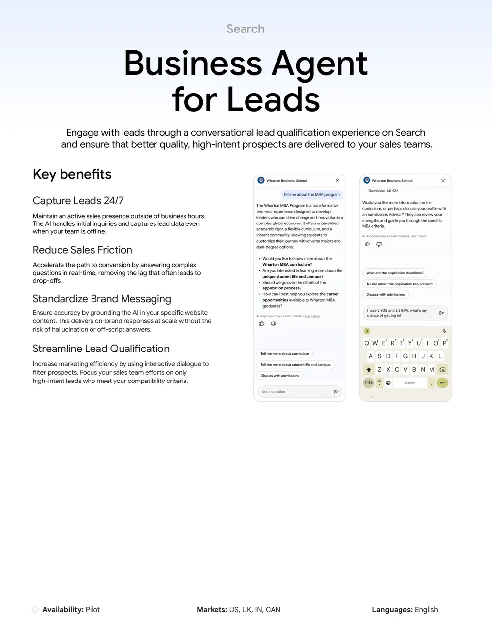 Google Ads Business Agent for Leads Demo mit Wharton Business School im Google Marketing Live 2026 One-Sheet