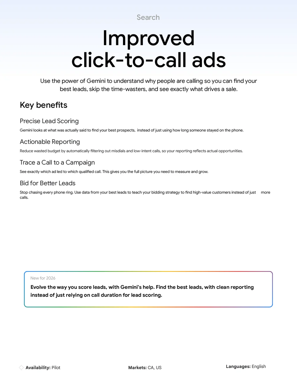 Google Ads Improved click-to-call ads mit Gemini-Lead-Scoring aus dem Google Marketing Live 2026 One-Sheet