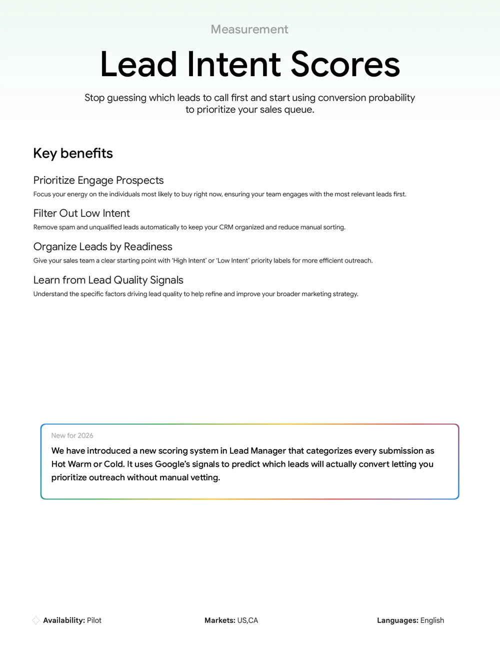 Google Ads Lead Intent Scores mit Hot Warm Cold Klassifikation aus dem Google Marketing Live 2026 One-Sheet