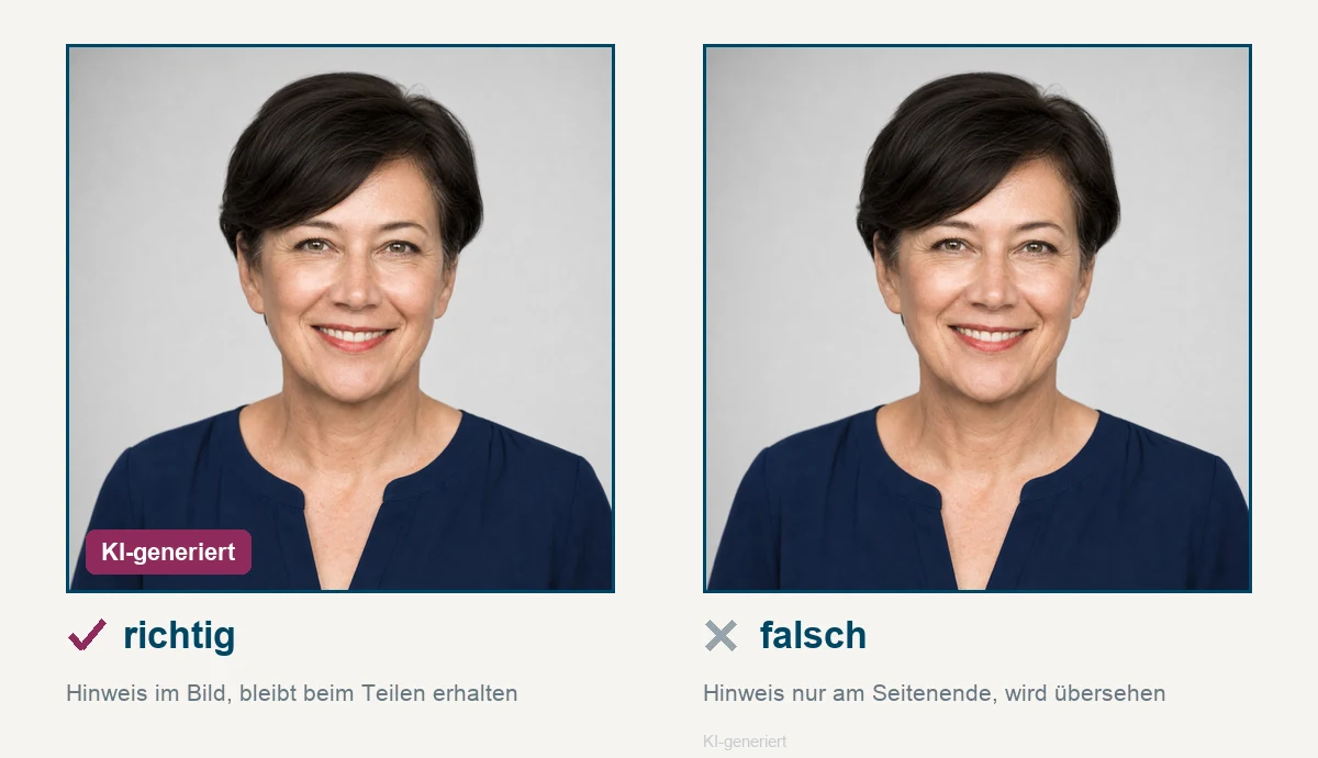 Dasselbe KI-erzeugte Porträt zweimal, links mit sichtbarem Hinweis im Bild, rechts nur mit blasser Zeile am Seitenende