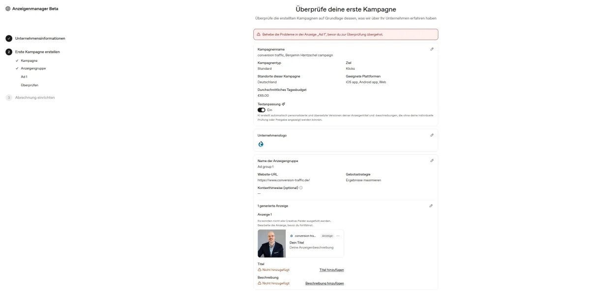 Kampagnenübersicht im OpenAI Anzeigenmanager mit deutschem Konto: Standort Deutschland, Tagesbudget in Euro, Gebotsstrategie Ergebnisse maximieren und eine automatisch erzeugte Anzeige