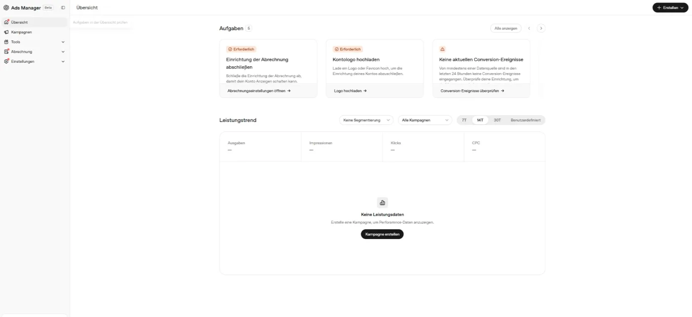 Übersichtsseite im OpenAI Ads Manager Beta mit Aufgabenliste und leerem Leistungstrend über Ausgaben, Impressionen, Klicks und CPC