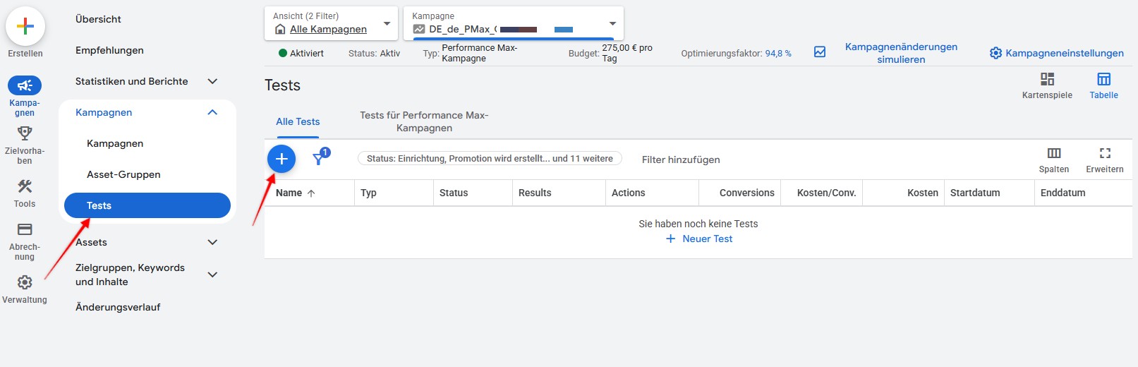 Google Ads Menü: Kampagnen und Tests für Asset-Testing in Performance Max