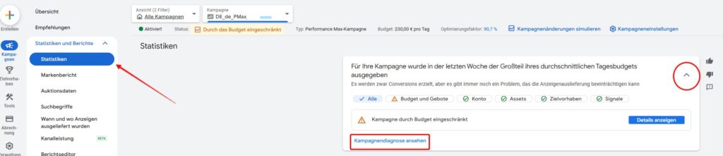 Navigation zur Kampagnen-Diagnose in Performance Max