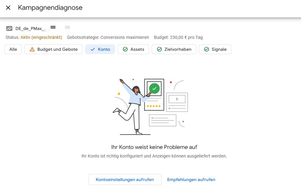Übersicht der Performance Max Kampagnen-Diagnose in Google Ads