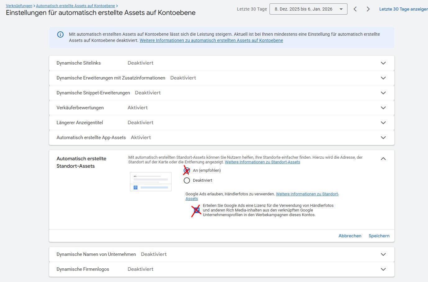 Google Ads Erweiterte Einstellungen: Checkbox für automatische Nutzung von Händlerfotos aus dem Google Business Profil