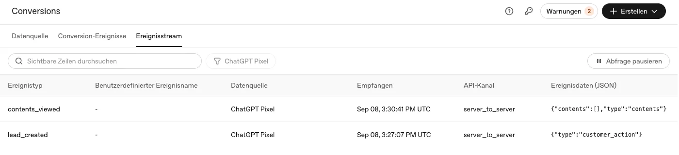 OpenAI Ads Manager, Reiter Ereignisstream unter Conversions mit zwei Einträgen: contents_viewed und lead_created, beide über den API-Kanal server_to_server empfangen