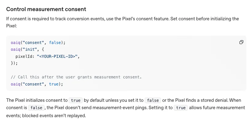 Ausschnitt aus der OpenAI-Entwicklerdokumentation zum Measurement Pixel: der Abschnitt Control measurement consent mit dem Hinweis, dass das Pixel consent standardmäßig auf true setzt und blockierte Ereignisse nicht nachgeholt werden