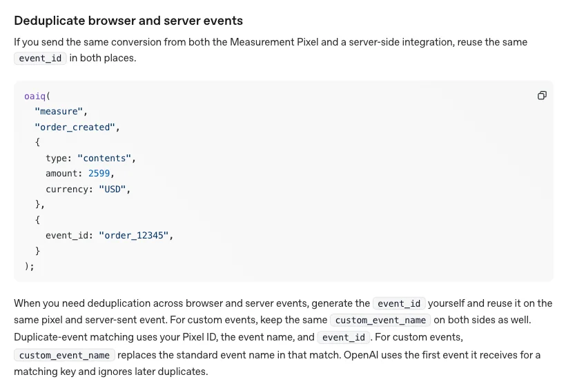 Ausschnitt aus der OpenAI-Entwicklerdokumentation: Abschnitt Deduplicate browser and server events mit einem measure-Aufruf, bei dem event_id als viertes Argument übergeben wird