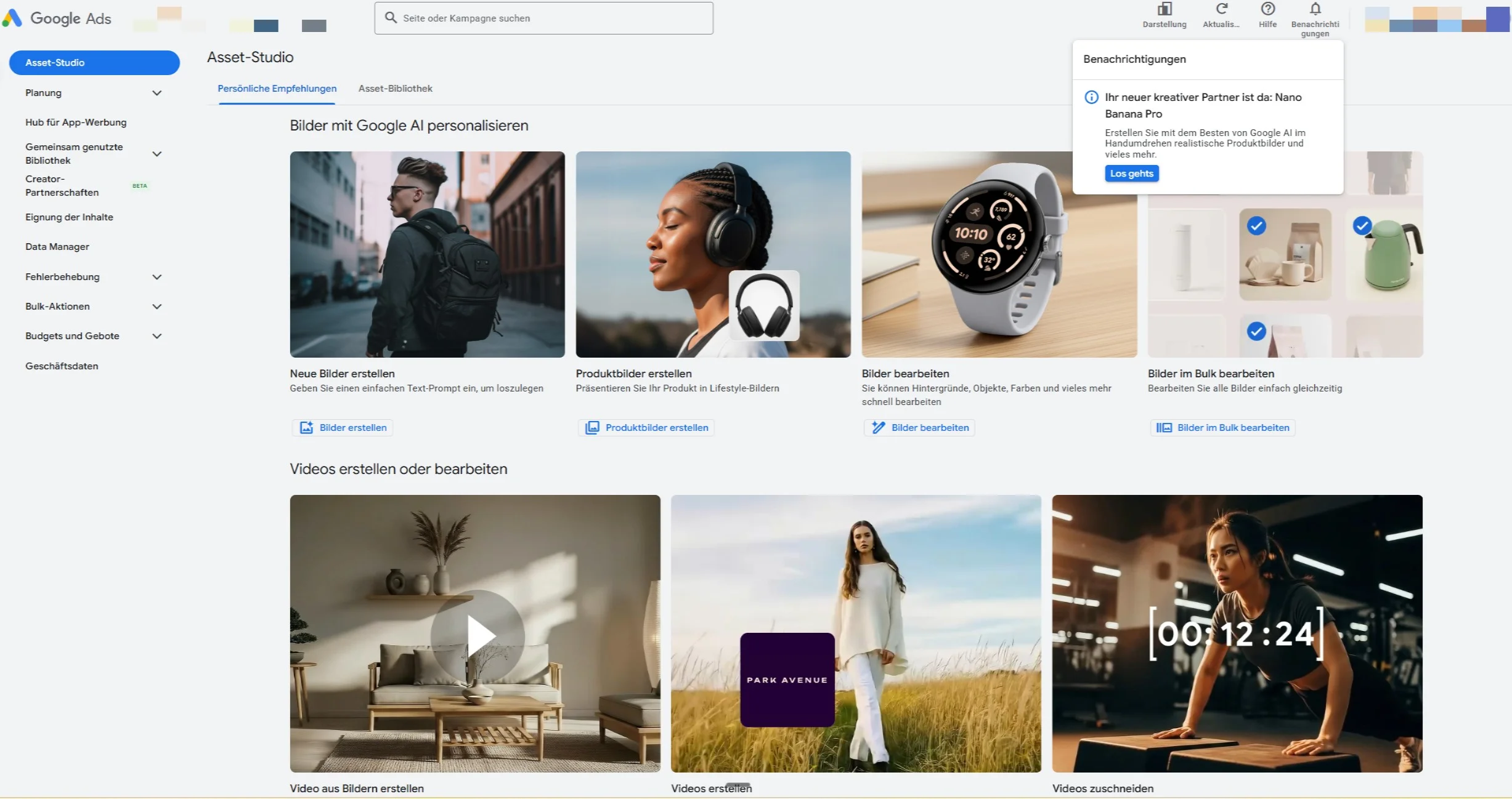 Nano Banana Pro Benachrichtigung im Google Ads Asset Studio
