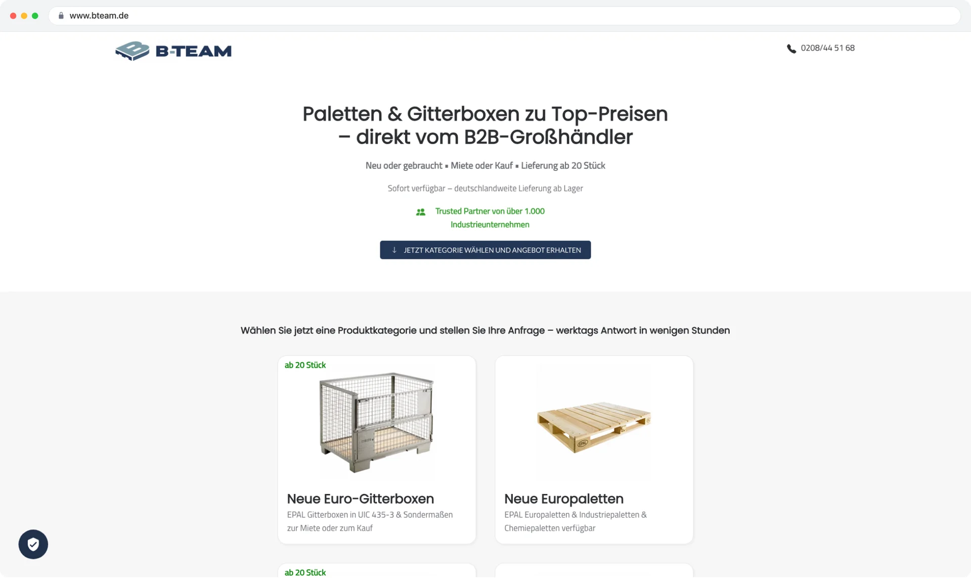 Landingpage von B-Team Behälter Logistik aus den laufenden Google Ads Kampagnen