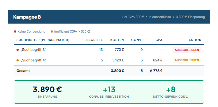 Ausschnitt aus der anonymisierten Suchbegriff-Analyse mit identifizierten Einsparungen