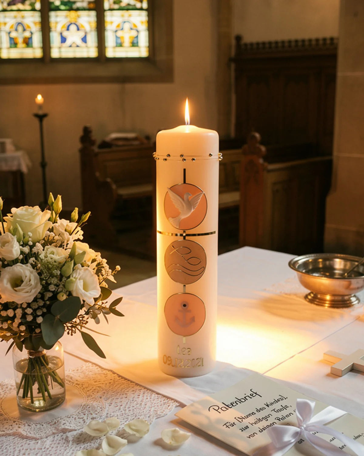 Per KI erzeugte Szene: dieselbe personalisierte Taufkerze brennend auf dem Altar einer Kirche