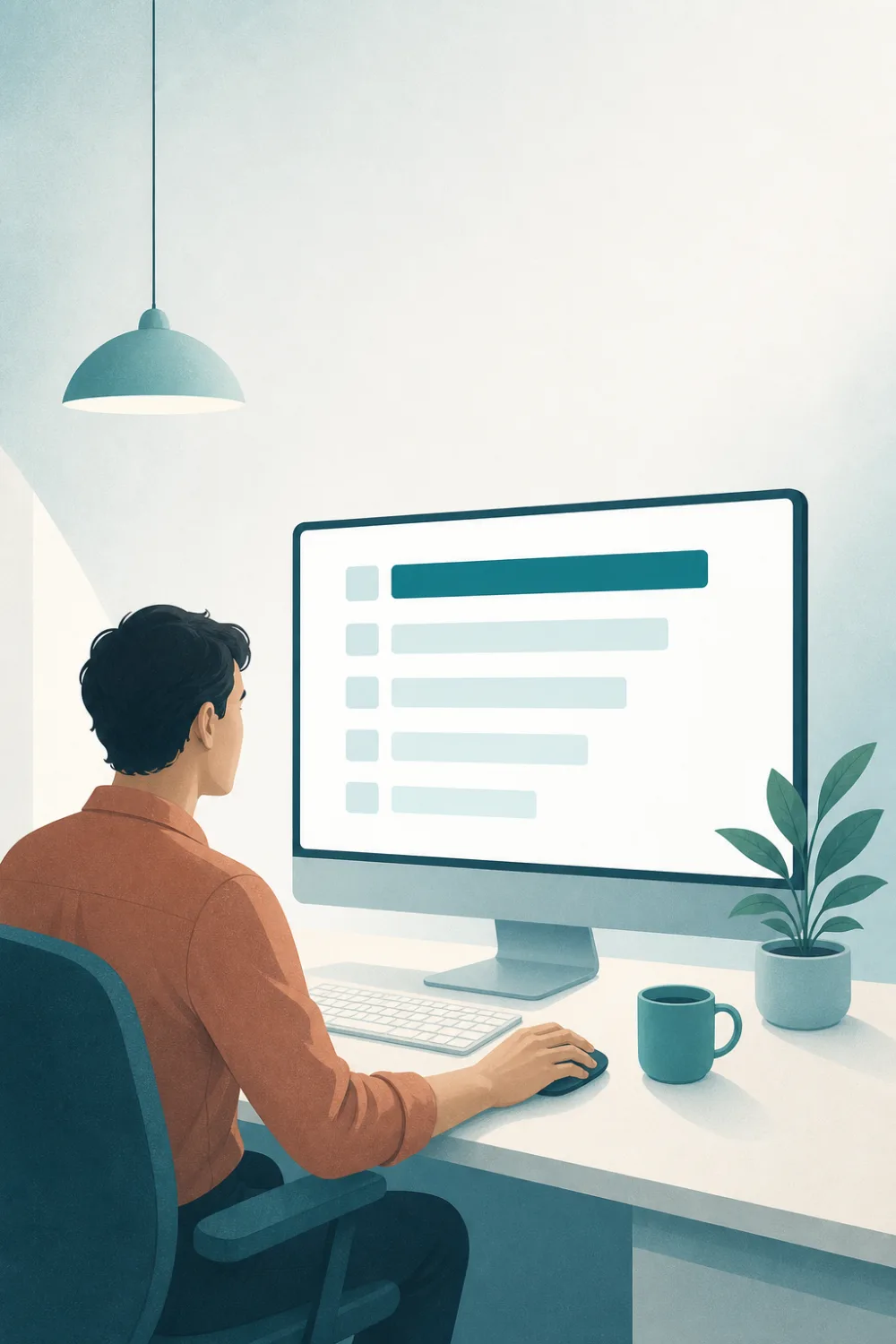 Person richtet am Schreibtisch eine Google-Anzeige ein, auf dem Monitor eine Suchergebnisseite mit hervorgehobenem Anzeigenplatz