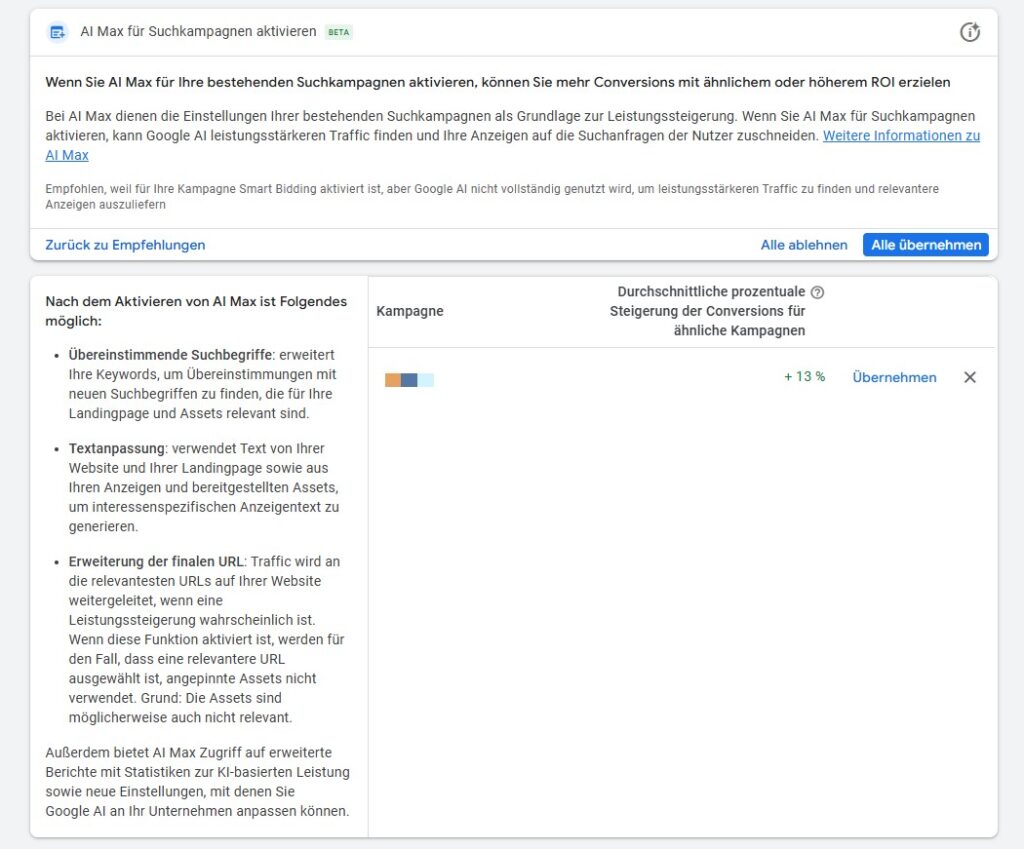 Google Ads AI MAX für Suchkampagnen aktivieren